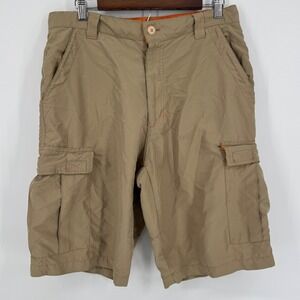 Vintage 90s World Industries Tan Cargo Shorts Made In USA Size 34 Skater Grunge